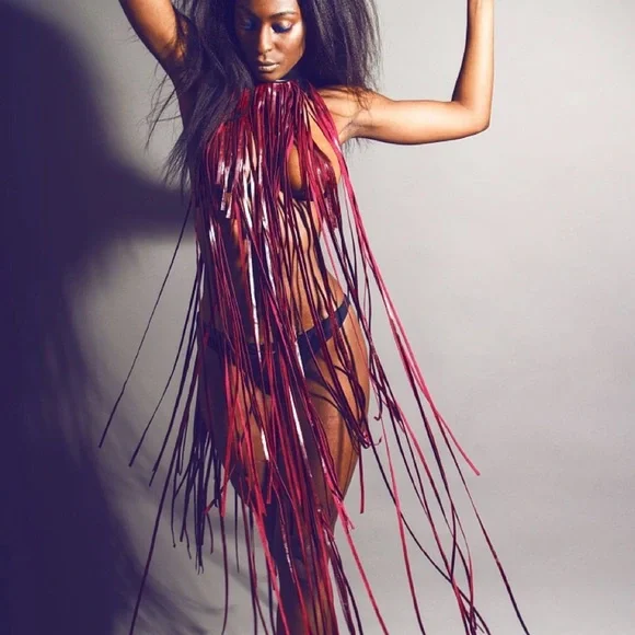 DarkestStarUK - OOAK - Leather Fringe Collar.Black leather collar/Magenta Fringe - Picture 5 of 12